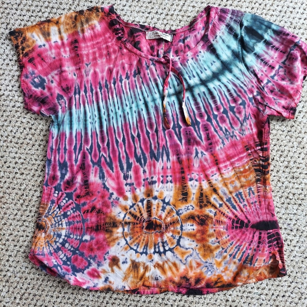 Batik Design Womens‎ Tie Dye Short Sleeve Rayon Boho Blouse S Festival Grunge